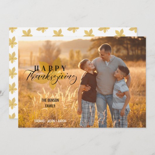 Carte Happy Thanksgiving Script Leaves Family Photo (Devant / Derrière)