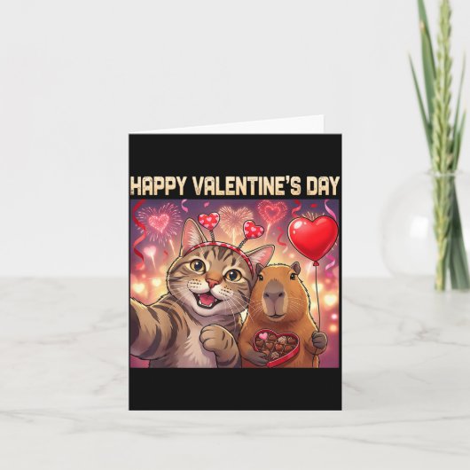 Carte Happy Valentines 2026 Cute Cat Capybara Party Art (Devant)