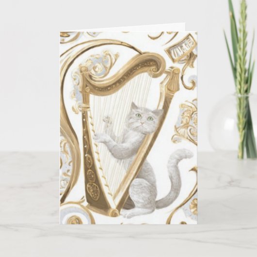 Carte Harp-Playing Cat Greeting Card – Ornate Elegance (Devant)