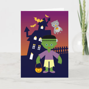Carte Haunted House and Halloween witch and Frankenstein