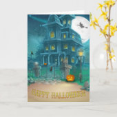 Carte Haunted House Happy Halloween-sorcière, citrouille (Fleur jaune)