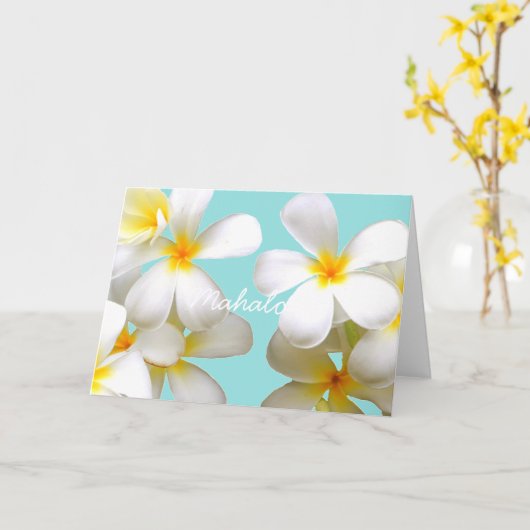 Carte Hawaiian white plumeria greeting card blue (Fleur jaune)