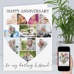 Carte Heart 11 Photo Collage Mari Script Anniversaire<br><div class="desc">Disons Happy Anniversary avec un collage photo coeur d'amour, carte d'anniversaire mariage personnalisée. Le modèle photo est configuré pour que vous puissiez ajouter vos images, en travaillant en ligne de haut en bas. Le collage photo contient 11 photos qui sont exposées dans un mélange de formats portrait, paysage et carré...</div>