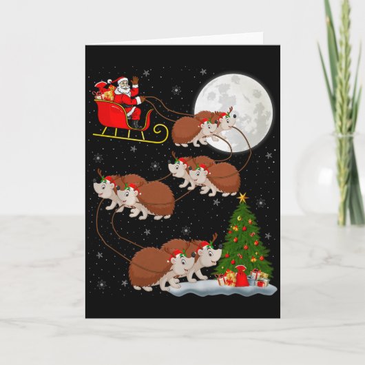 Carte Hedgehog Santa Sleigh Flying Funny Magical Christm (Devant)