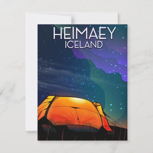 Carte Heimaey, Islande, affiche de vacances de camping. (Devant)