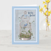 Carte Hello avec cage à oiseaux joyeuse (Fleur jaune)