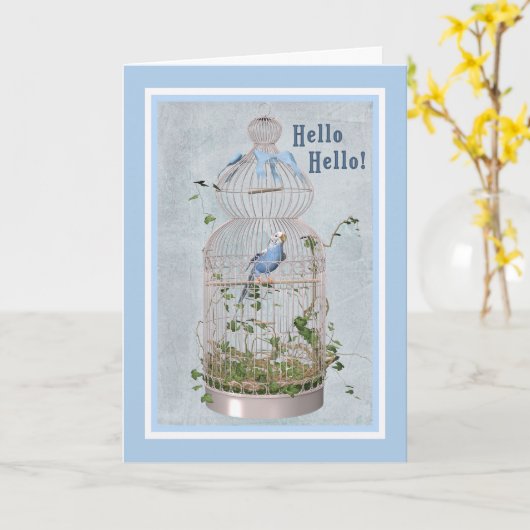Carte Hello avec cage à oiseaux joyeuse (Fleur jaune)