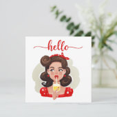Carte Hello Cute Retro Girl Tan Flat (Debout devant)