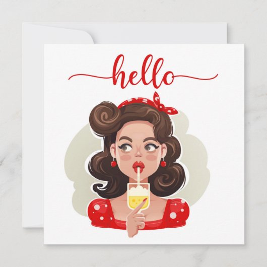 Carte Hello Cute Retro Girl Tan Flat (Devant)
