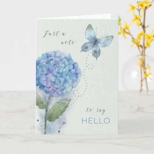 Carte Hello Watercolor Blue Hydrangea et Butterfly (Fleur jaune)