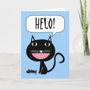 Carte Helo Hello en gallois avec chat et poisson noirs
