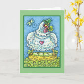 CARTE HEN IRLANDAIS FUNNY, OEUFS VERTS ET COUPE SHAMROCK (Fleur jaune)
