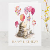 Carte Hérisson avec ballons roses Joyeux anniversaire (Fleur jaune)
