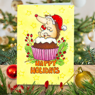 Carte Hérisson de dessin animé rétro Gâteau de Noël Cupc