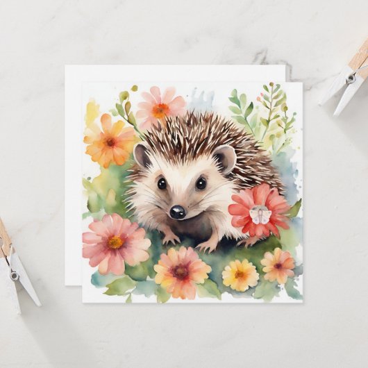 Carte Hérisson et fleurs à l'aquarelle  (Devant/Arrière en situation)