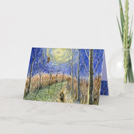 Carte Hérisson, hibou, lune et étoiles Aquarelle (Devant)