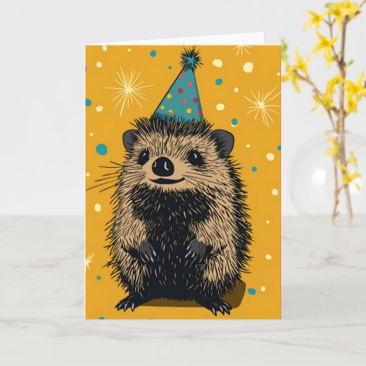 Carte Hérisson joyeux voeux d'anniversaire (Fleur jaune)