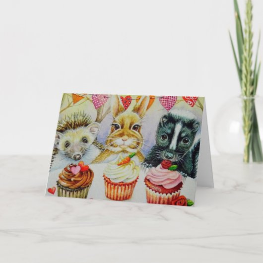 Carte Hérisson Lapin Mouffette & Gâteaux Art à l'aquarel (Devant)