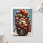 Carte Hérisson Mignon Célébrant Noël (Devant/Arrière en situation)