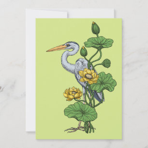 Carte Héron dans le jardin de lotus jaune sur rosée de m
