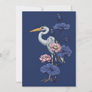 Carte Héron dans le jardin de lotus rose sur fond bleu d