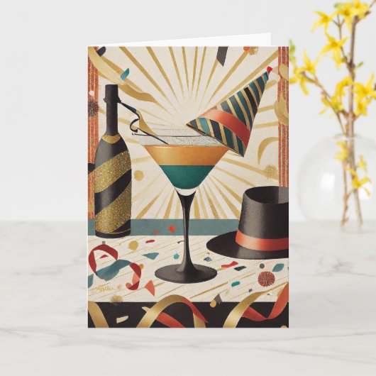 Carte Heure Cocktail Mi-Siècle Nouvel An Design (Fleur jaune)
