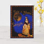 Carte heureuse de Samhain Halloween de sorcière (Fleur jaune)