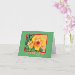 CARTE HIBISCUS JAUNE AVEC CENTRE/CARTE POUR NOTES MERCI