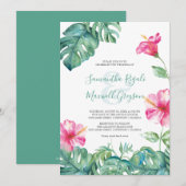 Carte Hibiscus rose tropical Mariage d'aquarelle (Devant / Derrière)