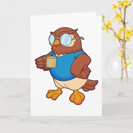 Carte Hibou avec tasse à café (Fleur jaune)