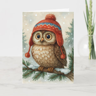Carte Hibou de Noël avec un chapeau d'hiver
