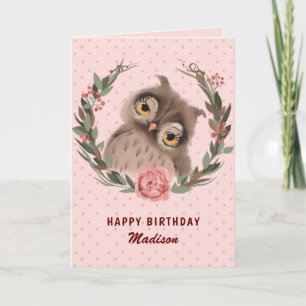 Carte Hibou et couronne de fleurs