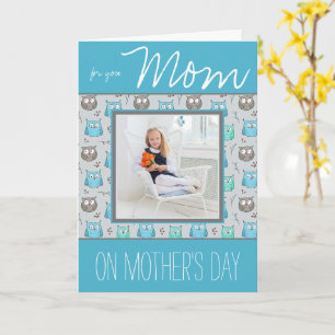 Carte Hiboux Bleus et Gris avec Photo Fête des Mères