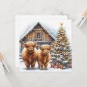 Carte Highland cows, tree and a barn Christmas card (Devant/Arrière en situation)
