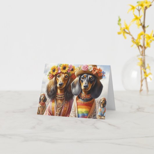 Carte Hippie Bo Ho Dachshund (Fleur jaune)