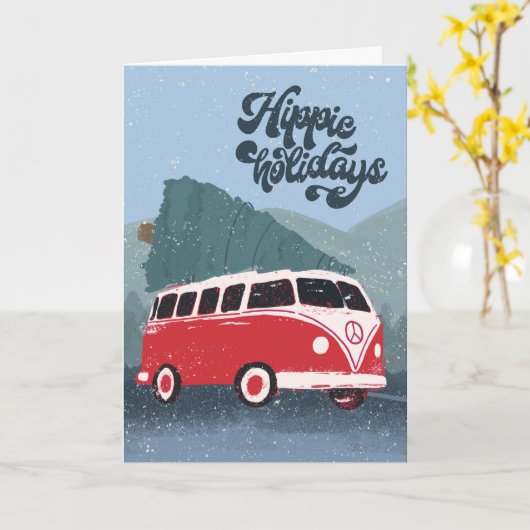Carte Hippie Holidays Retro Bus & Tree Grey Card (Fleur jaune)
