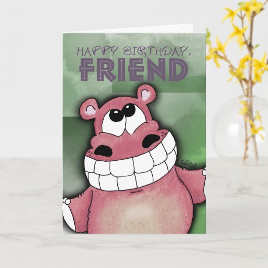 Carte Hippo-Anniversaire souriant (Fleur jaune)