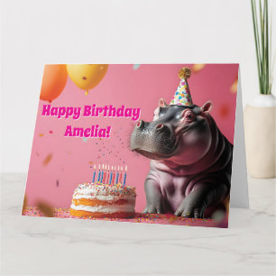 Carte Hippo d'anniversaire avec gâteau et ballons