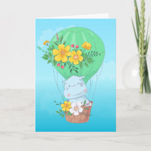 Carte Hippo de l'aquarelle à l'anniversaire du ballon à 