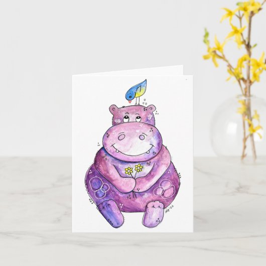 Carte Hippo mignon violet blanc (Fleur jaune)