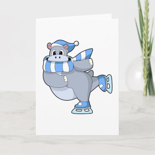 Carte Hippopotame au patinage sur glace avec des patins (Devant)
