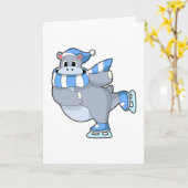 Carte Hippopotame au patinage sur glace avec des patins (Fleur jaune)