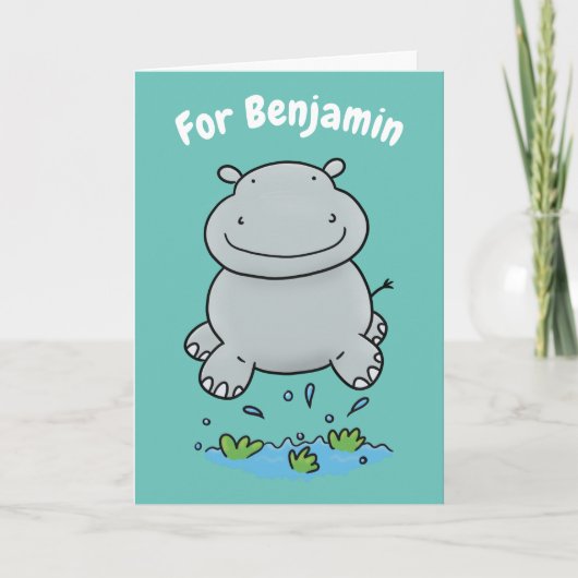 Carte Hippopotame mignon sautant dessin animé anniversai (Devant)