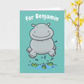 Carte Hippopotame mignon sautant dessin animé anniversai (Fleur jaune)