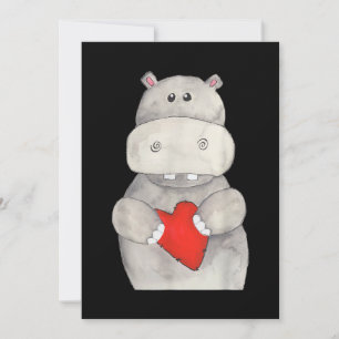 Carte Hippopotame mignon tenant le coeur Love Hippo