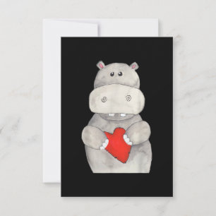 Carte Hippopotame mignon tenant le coeur Love Hippo