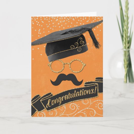 Carte Hipster Graduation Félicitations Mustache Orange (Devant)