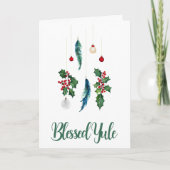Carte Hiver Boho Blue Feathers & Holly Yule Solstice (Devant)