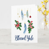 Carte Hiver Boho Blue Feathers & Holly Yule Solstice (Fleur jaune)