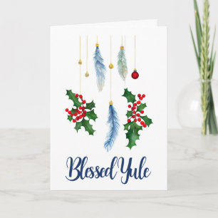 Carte Hiver Boho Blue Feathers & Holly Yule Solstice